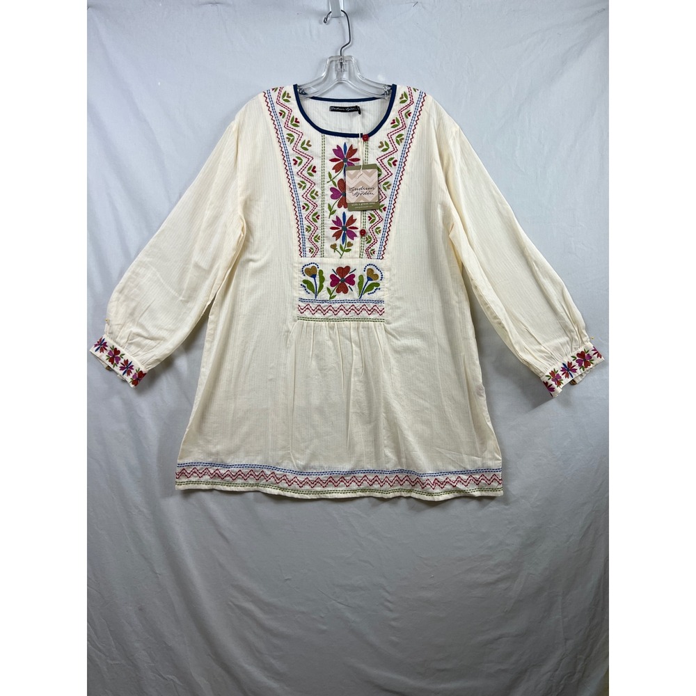 Gudrun Sjoden Tunic Women M Ivory Organic Cotton Embroidered Boho Floral Top New